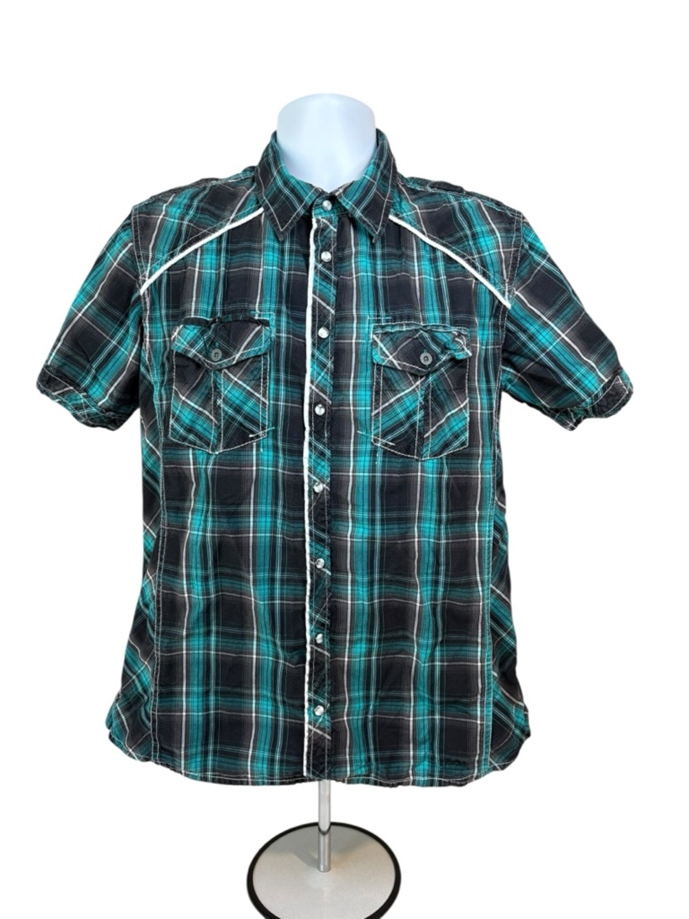 BKE Men's Teal and Black Plaid Short-Sleeve Pearl Snap Shirt L